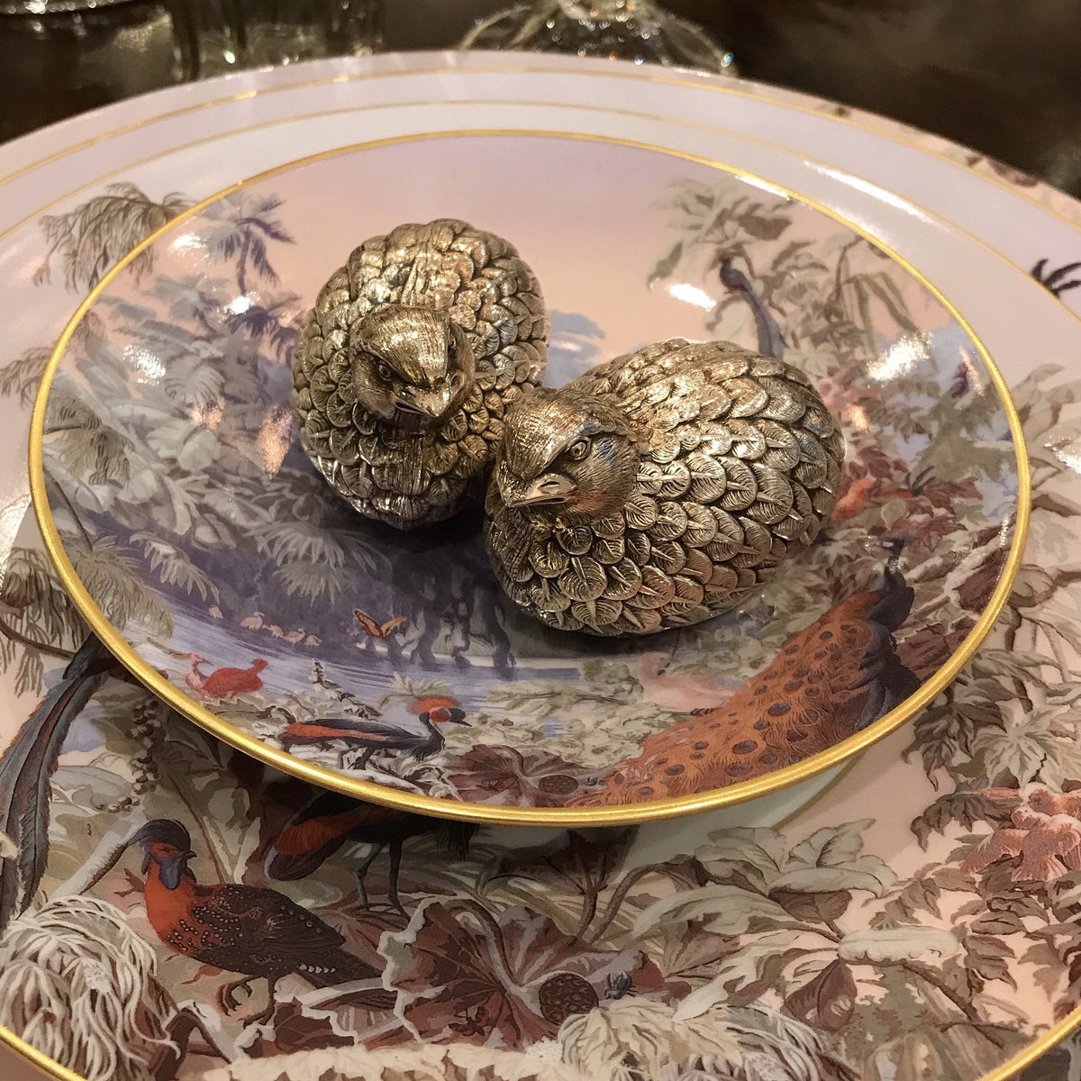 decor de table saliere poivriere oiseau metal argente argent