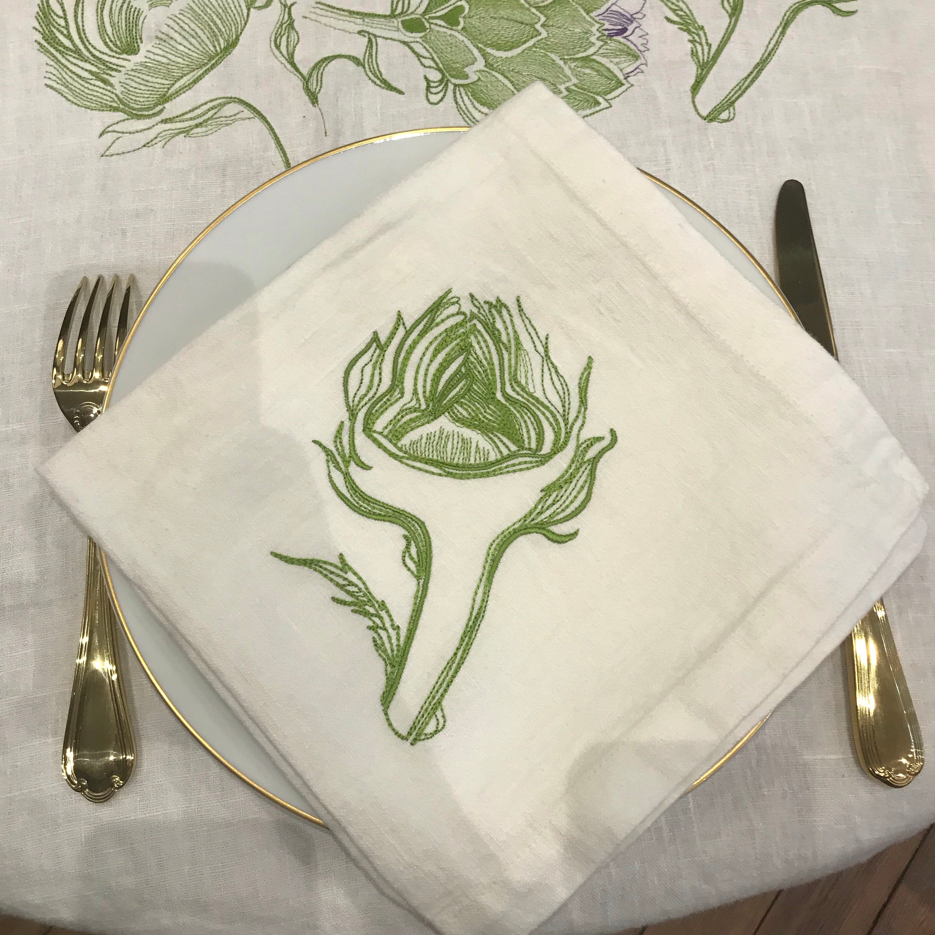 Linen tablecloth embroidered with artichokes ARTIPARIS