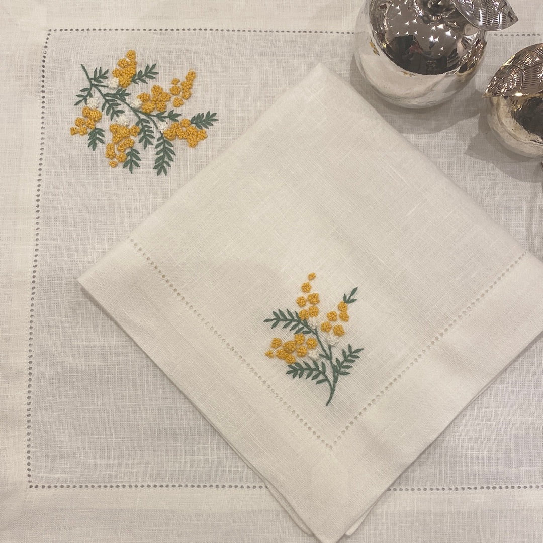 napkin set linen embroidered mimosa