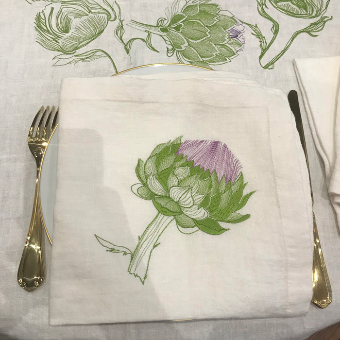 Linen tablecloth embroidered with artichokes ARTIPARIS