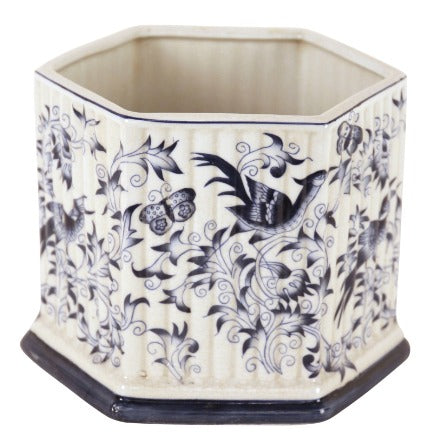 Cache-pot hexagonal blanc bleu